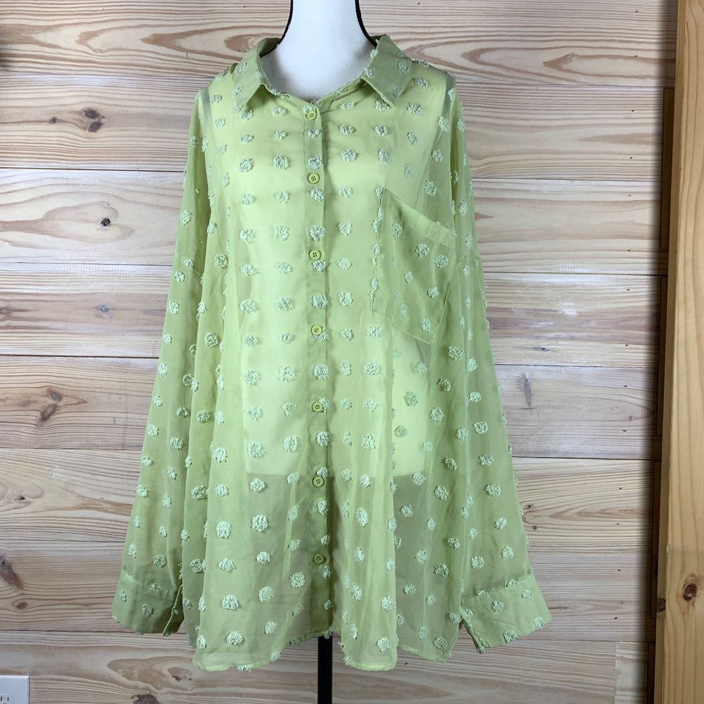 Boohoo Button Down Shirt Womens 18 Green Sheer Tufted Polka Dot Oversized Blouse